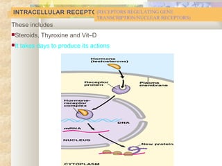 INTRACELLULAR RECEPTOR
These includes
Steroids, Thyroxine and Vit–D
It takes days to produce its actions
(RECEPTORS REGULATING GENE
TRANSCRIPTION/NUCLEAR RECEPTORS)
 