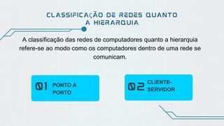 CLASSIFICAÇÃO DE REDES QUANTO
A HIERARQUIA
01 02
PONTO A
PONTO
CLIENTE-
SERVIDOR
A classificação das redes de computadores quanto a hierarquia
refere-se ao modo como os computadores dentro de uma rede se
comunicam.
 