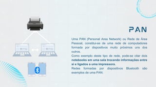PAN
Uma PAN (Personal Area Network) ou Rede de Área
Pessoal, constitui-se de uma rede de computadores
formada por dispositivos muito próximos uns dos
outros.
Como exemplo deste tipo de rede, pode-se citar dois
notebooks em uma sala trocando informações entre
si e ligados a uma impressora.
Redes formadas por dispositivos Bluetooth são
exemplos de uma PAN.
 