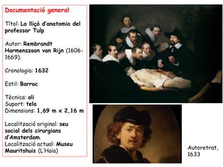 Documentació general

Títol: La lliçó d’anatomia del
professor Tulp

Autor: Rembrandt
Harmenszoon van Rijn (1606-
1669).

Cronologia: 1632

Estil: Barroc

Tècnica: oli
Suport: tela
Dimensions: 1,69 m x 2,16 m

Localització original: seu
social dels cirurgians
d’Amsterdam.
Localització actual: Museu
                                 Autoretrat,
Mauritshuis (L’Haia)
                                 1633
 