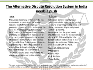 The Alternative Dispute Resolution System in India
needs a push
The justice dispensing system in India has
come under a great stress for several
reasons, chief of them being huge
pendency of cases in courts underlining the
need for Alternative Dispute Resolution
(ADR) methods. Today Law Courts in India
are facing the problems of Inadequacy of
courts and judges, Increase in the number
of cases due to multifarious acts enacted
by Central & State Governments, high costs
in prosecuting or defending a case in a
court of law & delay in disposal of cases
has created scope for an alternative.
The ADRS in India is less known of to the
masses as an option of getting justice.
Arbitration Centres would play an
important role in reducing the burden
of courts by solving pending cases and
these centres would give judgement
within 4-5 months.
We propose that the government
should release funds for the awareness
of the ADRS. This shall lighten the
burden and will be beneficial in the
long run. An estimated 70,000 cases
were resolved with the ADRS.
Issue Solution
Types of ADRS in India
•Mediation
•Arbitration
•Lok Adalats
•Conciliation
“To reduce pendency of cases in courts ADR would work as a key tool. Towards this endeavour, the legal services authorities’
act 1987 should be amended from time to time to facilitate use of ADR methods” – Veerappa Moily
 