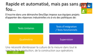 aOS Genève
22 juin 2017
Rapide et automatisé, mais pas sans garde
fou…
S’inscrire dans une démarche Dev/Ops impose aux équipes projets
d’apporter des réponses industrielles vis-à-vis des politiques de:
Tests Unitaires
Tests d’intégration
/ Tests fonctionnels
Qualimétrie Supervision
Une nécessité d’embrasser la culture de la mesure dans tout le
spectre de la production, de la construction aux opérations
 