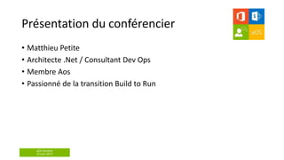 aOS Genève
22 juin 2017
Présentation du conférencier
• Matthieu Petite
• Architecte .Net / Consultant Dev Ops
• Membre Aos
• Passionné de la transition Build to Run
 