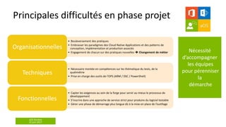 aOS Genève
22 juin 2017
Principales difficultés en phase projet
• Bouleversement des pratiques
• Embrasser les paradigmes des Cloud Native Applications et des patterns de
conception, implémentation et production associés
• Engagement de chacun sur des pratiques nouvelles  Changement de métier
Organisationnelles
• Nécessaire montée en compétences sur les thématique du tests, de la
qualimétrie
• Prise en charge des outils de l’OPS (ARM / DSC / PowerShell)
Techniques
• Capter les exigences au sein de la forge pour servir au mieux le processus de
développement
• S’inscrire dans une approche de service strict pour produire du logiciel testable
• Gérer une phase de démarrage plus longue dû à la mise en place de l’outillage
Fonctionnelles
Nécessité
d’accompagner
les équipes
pour pérenniser
la
démarche
 