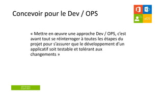 aOS Genève
22 juin 2017
Concevoir pour le Dev / OPS
« Mettre en œuvre une approche Dev / OPS, c’est
avant tout se réinterr...
