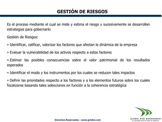 GESTIÓN DE RIESGOS

Es el proceso mediante el cual se mide y estima el riesgo y sucesivamente se desarrollan
estrategias para gobernarlo

Gestión de Riesgos:

 Identificar, calificar, valorizar los factores que afectan la dinámica de la empresa

 Evaluar la vulnerabilidad de los activos respecto a estos factores

  Estimar las posibles consecuencias sobre el valor patrimonial de los resultados
esperados

 Identificar el modo y los instrumentos por los cuales se reducen tales impactos

  Definir las prioridades respecto a los factores y a los elementos futuros sobre los cuales
focalizarse basando tales selecciones en función a la coherencia estratégica




                              Derechos Reservados - www.griskm.com
 