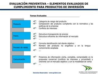 EVALUACIÓN PREVENTIVA – ELEMENTOS EVALUADOS DE
  CUMPLIMIENTO PARA PRODUCTOS DE INVERSIÓN


                     Temas Evaluados

                              Categoría de riesgo del producto
  Producto                    Composición del producto cumpliento con la normativa y las
                              políticas de la empresa
                              Conflicto de intereses


                              Estructura transparente de precios
  Precio                      Estructura eficiente de información al mercado
                              ...

                              Correcta identificación del cliente objetivo
                              Nombre del producto no engañoso y en la lengua
  Proceso de venta            comúnmente aceptada
                              ...


                              Presencia de información cierta, completa, comprobable en la
  Comunicación                propuesta comercial (conflicto de intereses y privacidad) y
                              cherente con el mercado objetivo y con la modalidad de venta
                              ...



                       Derechos Reservados - www.griskm.com
 