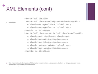 +

XML Elements (cont)
•

builtInAtom



Built in atoms include: Comparison, Mathematical transformations, List operators, Modifiers for strings, dates and times,
Boolean and URI checks, URI constructions

 