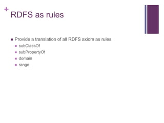 +

RDFS as rules


Provide a translation of all RDFS axiom as rules


subClassOf



subPropertyOf



domain



range

 