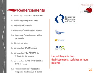 22 
Remerciements 
Le comité de coordination PRALIMAP 
Le comité de pilotage PRALIMAP 
Le Rectorat Metz-Nancy 
L’Inspection d’Académie des Vosges 
Les directeurs d’établissement et leur 
personnels 
Le CSO de Lorraine 
Le personnel du CNAM Lorraine 
Le personnel de l’EA APEMAC de 
l’Université de Lorraine 
Le personnel de du CIC-EC INSERM du 
CHU de Nancy 
Les Professionnels de l’Association 
Vosgienne des Réseaux de Santé 
Les adolescents des 
établissements scolaires et leurs 
parents 
