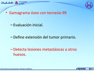 • Gamagrama óseo con tecnesio 99

  – Evaluación inicial.

  – Define extensión del tumor primario.

  – Detecta lesiones metastásicas a otros
    huesos.
 