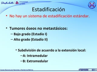 Estadificación
• No hay un sistema de estadificación estándar.

• Tumores óseos no metastásicos:
  – Bajo grado (Estadío I)
  – Alto grado (Estadío II)

     • Subdivisión de acuerdo a la extensión local:
        – A: Intramedular
        – B: Extramedular
 
