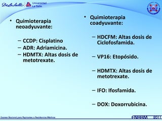 • Quimioterapia
• Quimioterapia               coadyuvante:
  neoadyuvante:
                              – HDCFM: Altas dosis de
  – CCDP: Cisplatino            Ciclofosfamida.
  – ADR: Adriamicina.
  – HDMTX: Altas dosis de     – VP16: Etopósido.
    metotrexate.
                              – HDMTX: Altas dosis de
                                metotrexate.

                              – IFO: Ifosfamida.

                              – DOX: Doxorrubicina.
 