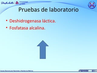 Pruebas de laboratorio
• Deshidrogenasa láctica.
• Fosfatasa alcalina.
 