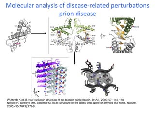 Molecular!analysis!of!disease?related!perturba6ons
                                                 !
                   prion!disease!
                                                        !




Wuthrich K et al. NMR solution structure of the human prion protein. PNAS, 2000, 97: 145-150
Nelson R, Sawaya MR, Balbirnie M, et al. Structure of the cross-beta spine of amyloid-like fibrils. Nature.
2005;435(7043):773-8.
 