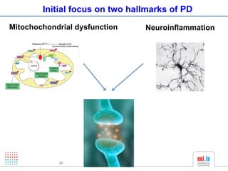 Initial focus on two hallmarks of PD
Mitochochondrial dysfunction    Neuroinflammation




            22
 