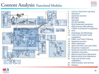 Content Analysis: Functional Modules
                                         1.     Calcium dependent signalling

                             18!
                                         2.     Glycolysis
                                         3.     Apoptosis excution

  1!
                                         4.     Microglia

             24!      19!                5.     Astrocyte

                            17! 16!      6. 
                                         7. 
                                         8. 
                                                NF-kB signalling
                                                ROS-Dependent apoptosis
                                                ROS-induced JNK pathway
                                         9.     HTRA2 involvement of apoptosis

             !
            23
                            14!    15!   10. 
                                         11. 
                                                UPS
                                                Autophagy and Mitophagy
                                         12.    Fatty acid and keton body

   2!       21!
            20! 13! 11!                  13. 
                                                metabolism
                                                PINK1 and Parkin Pathway

               22!                       14. 
                                         15. 
                                         16. 
                                                Apoptosis excution
                                                ROS metabolism
                                                alpha-synuclein and Lewy Body

                      12!         10!    17. 
                                         18. 
                                                Dopamine metabolism
                                                Dopamine secretion and recycling

 3! 6 8! 7!      9                       19. 
                                         20. 
                                         21. 
                                                Apoptosis execution
                                                Mitochondrial Outer Membrane
                                                Mitochondrial Inner Membrane
                                         22.    Fatty acid & keton body

  4! 5!
                                                metabolism
                                         23.    ROS formation and removal
                                         24.    Nucleus


                                                                           36
 