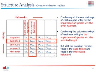 Structure Analysis (Gene prioritization studies)

            Hallmarks                                                        •    Combining all the row rankings
                                                                                  of each column will give the
                     Alpha-synuclein


                                       Mitochondrial
                                                                                  importance of species wrt the
                       aggregation


                                        dysfunction
                                                                                  given hallmark

                                                                             •    Combining the column rankings
Nodes




                                                                                  of each row will give the
        caspase-6      Ex1             Ex1109          Ex2217   Ex3325   .        importance of species wrt the
        BAD:BCL-2      Ex2             Ex1110          Ex2218   Ex3326   .        selected target
        tBID:BCL-2     Ex3             Ex1111          Ex2219   Ex3327   .
                                                                             •    But still the question remains
        caspase-3      Ex4             Ex1112          Ex2220   Ex3328   .        what is the good target and
        NNT dimer      Ex5             Ex1113          Ex2221   Ex3329   .        what is the interesting
            .              .                .            .        .      .        hallmark?




                                                                                                               43
 
