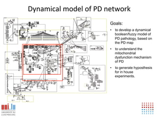 Dynamical!model!of!PD!network!
                       Goals:
                       •  to develop a dynamical
                          boolean/fuzzy model of
                          PD pathology, based on
                          the PD map
                       •  to understand the
                          mitochondrial

  21!
                          dysfunction mechanism

  20!                     of PD
                       •  to generate hyposthesis
                          for in house
                          experiments.
 