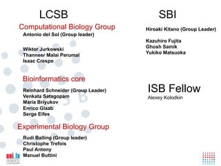 LCSB                               SBI
Computational Biology Group          Hiroaki Kitano (Group Leader)
 Antonio del Sol (Group leader)
                                     Kazuhiro Fujita
                                     Ghosh Samik
 Wiktor Jurkowski
                                     Yukiko Matsuoka
 Thanneer Malai Perumal
 Isaac Crespo


 Bioinformatics core
 Reinhard Schneider (Group Leader)   ISB Fellow
 Venkata Satagopam                   Alexey Kolodkin
 Maria Briyukov
 Enrico Glaab
 Serge Eifes

Experimental Biology Group
 Rudi Balling (Group leader)
 Christophe Trefois
 Paul Antony
 Manuel Buttini
 