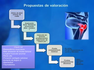 Check List
-Desequilibrios musculares
-Mala alineación de tróclea femoral
-Longitud muscular anormal
-Rótula alta
-Pronación astrágalo-calcánea
-Aumento de ángulo Q
-Hiperlaxitud
-Traumatismos
 