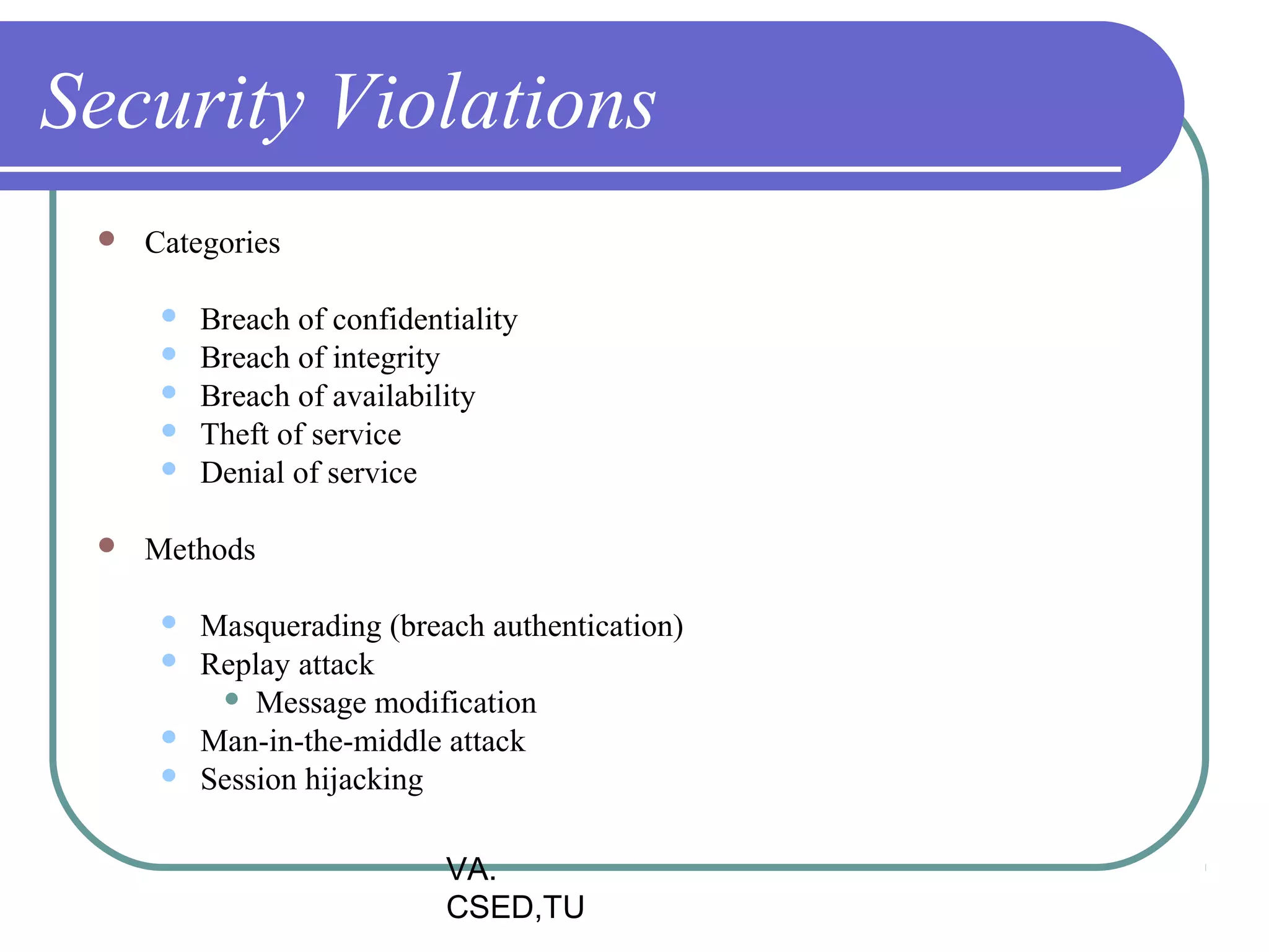 Security Violations
    Categories

         Breach of confidentiality
         Breach of integrity
         Breach of availability
         Theft of service
         Denial of service

    Methods

         Masquerading (breach authentication)
         Replay attack
            Message modification
         Man-in-the-middle attack
         Session hijacking

                             VA.
                             CSED,TU
 