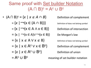 Same proof with Set builder Notation
(A ∩ B)c = Ac ∪ Bc
• (A ∩ B)c = {x | x  A ∩ B} Definition of complement
= {x |￢(x ∈ (A ∩ B))} Definition of does not belong symbol
= {x |￢(x ∈ A ∧ x ∈ B)} Definition of intersection
= {x | ￢(x ∈ A)∨￢(x ∈ B)} De Morgan’s law
= {x | x  A ∨ x  B} Definition of does not belong symbol
= {x | x ∈ Ac ∨ x ∈ Bc} Definition of complement
= {x | x ∈ Ac ∪ Bc} Definition of union
= Ac ∪ Bc meaning of set builder notation
19
 