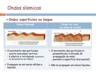 Ondas sísmicas
18


      Ondas superficiais ou longas
              Ondas Rayleigh                        Ondas de Love
                                                  (ou ondas de torsão)




     O movimento das partículas:           O movimento das partículas é:
      ocorre num plano vertical,            perpendicular à direção de
      é elíptico e retrógrado (contrário    propagação da onda,
      ao dos ponteiros do relógio).         paralelo à superfície (horizontal).

     Propagam-se em meios sólidos e        Não se propagam em meios líquidos.
     líquidos.
 