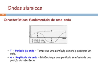 Ondas sísmicas
20


 Características fundamentais de uma onda




      T - Período da onda – Tempo que uma partícula demora a executar um
      ciclo.
      A - Amplitude da onda – Distância que uma partícula se afasta de uma
      posição de referência.
 