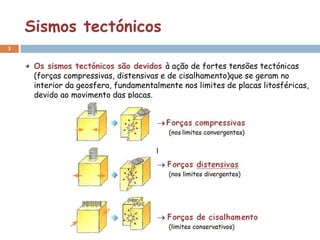 Sismos tectónicos
3


     Os sismos tectónicos são devidos à ação de fortes tensões tectónicas
     (forças compressivas, distensivas e de cisalhamento)que se geram no
     interior da geosfera, fundamentalmente nos limites de placas litosféricas,
     devido ao movimento das placas.
 