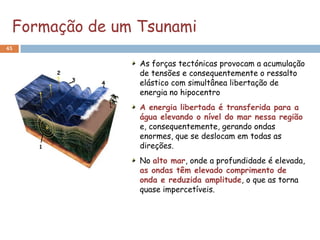 Formação de um Tsunami
45


                As forças tectónicas provocam a acumulação
                de tensões e consequentemente o ressalto
                elástico com simultânea libertação de
                energia no hipocentro
                A energia libertada é transferida para a
                água elevando o nível do mar nessa região
                e, consequentemente, gerando ondas
                enormes, que se deslocam em todas as
                direções.
                No alto mar, onde a profundidade é elevada,
                as ondas têm elevado comprimento de
                onda e reduzida amplitude, o que as torna
                quase impercetíveis.
 