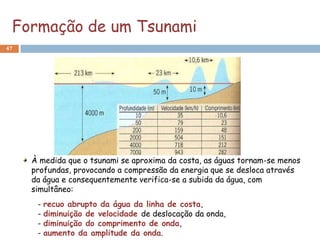 Formação de um Tsunami
47




     À medida que o tsunami se aproxima da costa, as águas tornam-se menos
     profundas, provocando a compressão da energia que se desloca através
     da água e consequentemente verifica-se a subida da água, com
     simultâneo:
      - recuo abrupto da água da linha de costa,
      - diminuição de velocidade de deslocação da onda,
      - diminuição do comprimento de onda,
      - aumento da amplitude da onda.
 