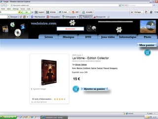 Aide Flux RSS            Mon
vosloisirs.com                                                          compte

                                  Rechercher


       Livres               Musique                    DVD                Jeux vidéo            Informatique     Photo


                                                                                                               Mon panier




                                        Avec Marion Cotillard, Sylvie Testud, Pascal Greggory

                                        Expédié sous 24h


                                         15 €

                                                     Ajouter au panier




        vosloisirs.com: achat,…
 