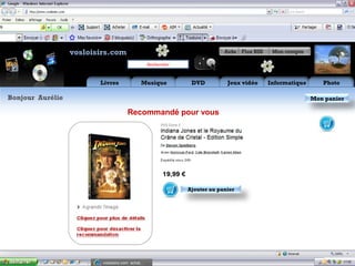 vosloisirs.com                                                         Aide     Flux RSS    Mon compte

                                                      Rechercher


                           Livres               Musique                    DVD             Jeux vidéo        Informatique      Photo

Bonjour Aurélie                                                                                                             Mon panier

                                         Recommandé pour vous


                                                                   Roman poche. Paru en 08/2004
                                                                   Expédié sous 24h

                                                                   9,46 €

                                                                          Ajouter au panier

                                                                         Ajouter au panier


                       Cliquez pour plus de détails




                            vosloisirs.com: achat,…
 