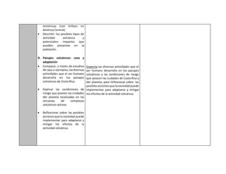 tectónicas (con énfasis en
América Central).
 Describir los posibles tipos de
actividad volcánica y
potenciales impactos que
pueden presentar en la
población.
D. Paisajes volcánicos: usos y
adaptación
 Comparar, a través de estudios
de caso o ejemplos,lasdiversas
actividades que el ser humano
desarrolla en los paisajes
volcánicos de Costa Rica.
 Explicar las condiciones de
riesgo que poseen las ciudades
del planeta localizadas en las
cercanías de complejos
volcánicos activos.
 Reflexionar sobre las posibles
accionesque la sociedad puede
implementar para adaptarse y
mitigar los efectos de la
actividad volcánica.
Examina las diversas actividades que el
ser humano desarrolla en los paisajes
volcánicos y las condiciones de riesgo
que poseen las ciudades de Costa Rica y
del planeta, para reflexionar sobre las
posiblesaccionesque lasociedad puede
implementar para adaptarse y mitigar
los efectos de la actividad volcánica.
 