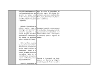 invernadero a escala global, a
travésde estudios de caso (por
ejemplo en países como
Estados Unidos, Brasil, Japón,
Costa Rica,India,Francia,China
e Inglaterra).
• Explicar; a través del uso de
gráficos, cuadros, mapas y
tecnologías geoespaciales; las
variaciones espaciales en la
emisión de gases de efecto
invernadero a la atmósfera y
sus motivos en diferentes
países o regiones del Planeta.
• Utilizar gráficos, cuadros,
figuras,videos,documentalesu
otros recursos, para explicar la
relación entre el consumo de
combustibles fósiles y la
emisión de gases de efecto
invernadero, tanto en el
ámbito histórico como a nivel
espacial en diferentes países o
regiones del Planeta.
• Valorar la importancia de
gases de efecto de invernadero en
diferentes lugares del planeta. (Por
ejemploenpaísescomoEstados Unidos,
Brasil, Japón, Costa Rica, India, Francia,
China e Inglaterra).
Demuestrala relación entre el consumo
de combustibles fósiles y la emisión de
gasesde efectoinvernadero, tanto en el
ámbito histórico como a nivel espacial
en diferentes países o regiones del
Planeta.
Examina la importancia de tomar
acciones para disminuir y mitigar la
emisiónde gases de efecto invernadero
 