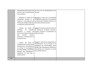 productodel aumento del nivel
del mar y de las temperaturas
de los océanos.
• Reconocer el efecto de la
variabilidad climática en la
aparición e intensidad de los
fenómenosclimáticosextremos
enCosta Rica y AméricaCentral.
• Explicar, por medio de
ejemplos, los impactos
presentes y futuros de
fenómenosclimáticosextremos
(por ejemplo, sequías,
huracanes e inundaciones) en
América Central.
• Explicar, por medio de
estudiosde caso,el aumentode
temperaturas y precipitación y
sus efectos en la propagación
de enfermedades transmitidas
(dengue, zika, chikungunya o
paludismo) en costa Rica y
América Latina.
del mar y de las temperaturas de los
océanos.
Reconoce el efecto de la variabilidad
climáticaenla aparición e intensidad de
los fenómenos climáticos extremos en
Costa Rica y América Central.
Explicalos impactos presentes y futuros
de fenómenos climáticos extremos:
sequías, huracanes e inundaciones en
América Central.
Vincula el aumento de temperaturas y
precipitaciones con los efectos en la
propagación de enfermedades, como
dengue,zika, chikungunya o paludismo,
transmitidas por mosquitos en Costa
Rica y América Latina.
12.
 