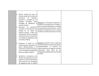  Utilizar estudios de caso de
diversos países del mundo que
evidencien los alcances,
beneficios y desafíos de las
energías renovables como
estrategia de adaptación al
cambio climático.
 Reconocer las variaciones
espaciales en la producción de
energía en los países de
América Central, a partir de
combustibles fósiles y energías
limpiasasícomo su relacióncon
lasmedidas de adaptación ante
el cambio climático.
 Relacionar el papel de las
compensaciones económicas a
países subdesarrollados y el
aumento de cobertura boscosa
como estrategia de adaptación
frente al cambio climático.
 Identificar la relevancia y los
desafíos de programas como el
pago por servicios ambientales
como parte de las estrategias
de adaptación ante el cambio
Relaciona las variaciones espaciales y
desafíos de la producción de energía, a
partir de combustiblesfósiles y energías
limpias (alcances y beneficios), con las
medidas de adaptación ante el cambio
climáticoenAméricaCentral yel mundo.
Relaciona relaciones entre el papel de
lascompensacioneseconómicasapaíses
subdesarrollados, el aumento de
coberturaboscosay el pago por servicios
ambientales como parte de las
estrategiasde adaptaciónante el cambio
climático.
 