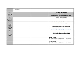 climático.
16.
24 al 30
mayo
III EVALUACIÓN
Horario según corresponda a cada sede
17.
31 mayo -
6 junio
Entrega de resultados
18.
7 - 13
junio
Pruebas de ampliación I convocatoria
Pruebas de suficiencia
19.
14 – 20
junio
Resultados finales a los estudiantes
20.
21 - 27
junio
Pruebas de ampliación II convocatoria
Matrícula II semestre 2021
. VACACIONES
de medio periodo para docentes y estudiantes
VACACIONES
de medio periodo para docentes y estudiantes
 