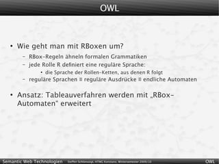 OWL



   ●
       Wie geht man mit RBoxen um?
        –   RBox-Regeln ähneln formalen Grammatiken
        –   jede Rolle R deﬁniert eine reguläre Sprache:
                ●
                    die Sprache der Rollen-Ketten, aus denen R folgt
        –   reguläre Sprachen ≡ reguläre Ausdrücke ≡ endliche Automaten

   ●
       Ansatz: Tableauverfahren werden mit „RBox-
       Automaten“ erweitert




Semantic Web Technologien    Steffen Schlönvoigt, HTWG Konstanz, Wintersemester 2009/10   OWL
 