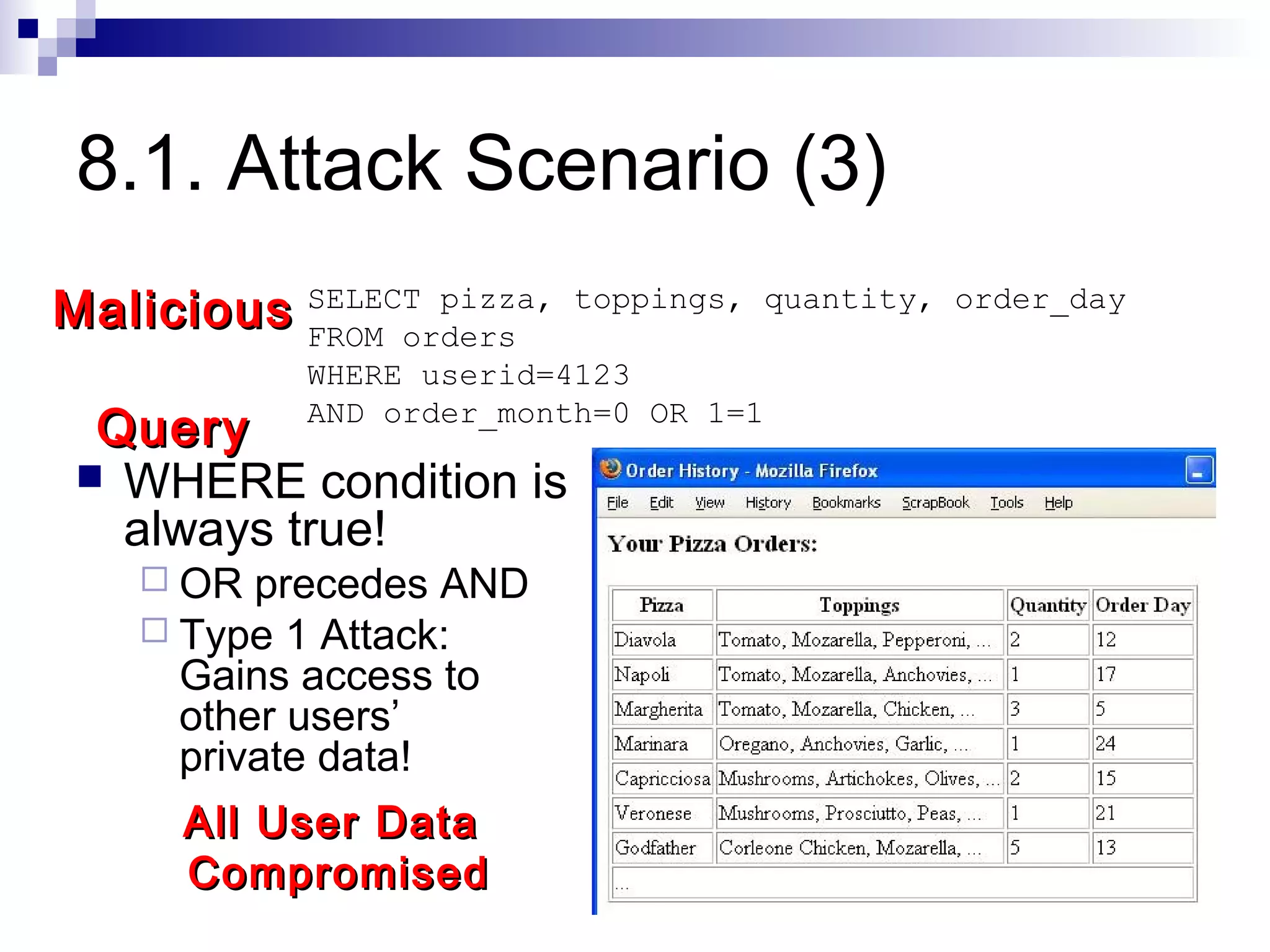 8.1. Attack Scenario (3)
Malicious SELECT pizza,
          FROM orders
                          toppings, quantity, order_day

           WHERE userid=4123
  Query    AND order_month=0 OR 1=1

  WHERE condition is
   always true!
    OR  precedes AND
    Type 1 Attack:
     Gains access to
     other users’
     private data!
     All User Data
     Compromised
 