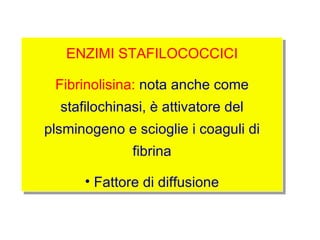 ENZIMI STAFILOCOCCICI

 Fibrinolisina: nota anche come
  stafilochinasi, è attivatore del
plsminogeno e scioglie i coaguli di
              fibrina

      • Fattore di diffusione
 