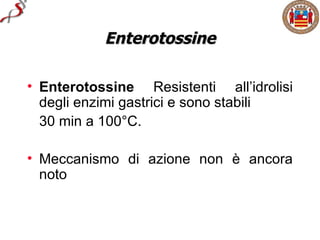 Enterotossine

• Enterotossine Resistenti all’idrolisi
  degli enzimi gastrici e sono stabili
  30 min a 100°C.

• Meccanismo di azione non è ancora
  noto
 