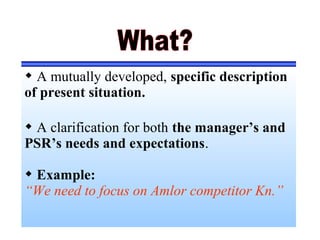  A mutually developed, specific description
of present situation.
 A clarification for both the manager’s and
PSR’s needs and expectations.
 Example:
“We need to focus on Amlor competitor Kn.”
 
