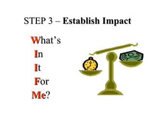 STEP 3 –STEP 3 – Establish ImpactEstablish Impact
WWhat’shat’s
IInn
IItt
FForor
MeMe??
 