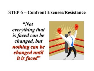 ““NotNot
everything thateverything that
is faced can beis faced can be
changed, butchanged, but
nothing can benothing can be
changed untilchanged until
it is faced”it is faced”
STEP 6 –STEP 6 – Confront Excuses/ResistanceConfront Excuses/Resistance
 