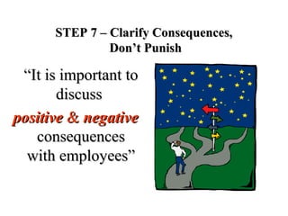 STEP 7 – Clarify Consequences,STEP 7 – Clarify Consequences,
Don’t PunishDon’t Punish
““It is important toIt is important to
discussdiscuss
positivepositive && negativenegative
consequencesconsequences
with employees”with employees”
 