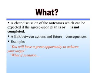  A clear discussion of the outcomes which can be
expected if the agreed-upon plan is or is not
completed.
 A link between actions and future consequences.
 Example:
“You will have a great opportunity to achieve
your target”
“What if scenario…
 