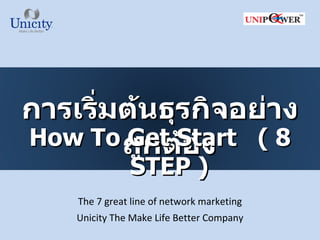 การเริ่มต้นธุรกิจอย่าง
How To ถูกต้อง
        Get Start ( 8
               STEP )
    The 7 great line of network marketing
    Unicity The Make Life Better Company
 