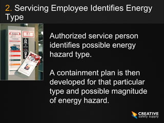 2. Servicing Employee Identifies Energy
Type

           Authorized service person
           identifies possible energy
           hazard type.

           A containment plan is then
           developed for that particular
           type and possible magnitude
           of energy hazard.
 